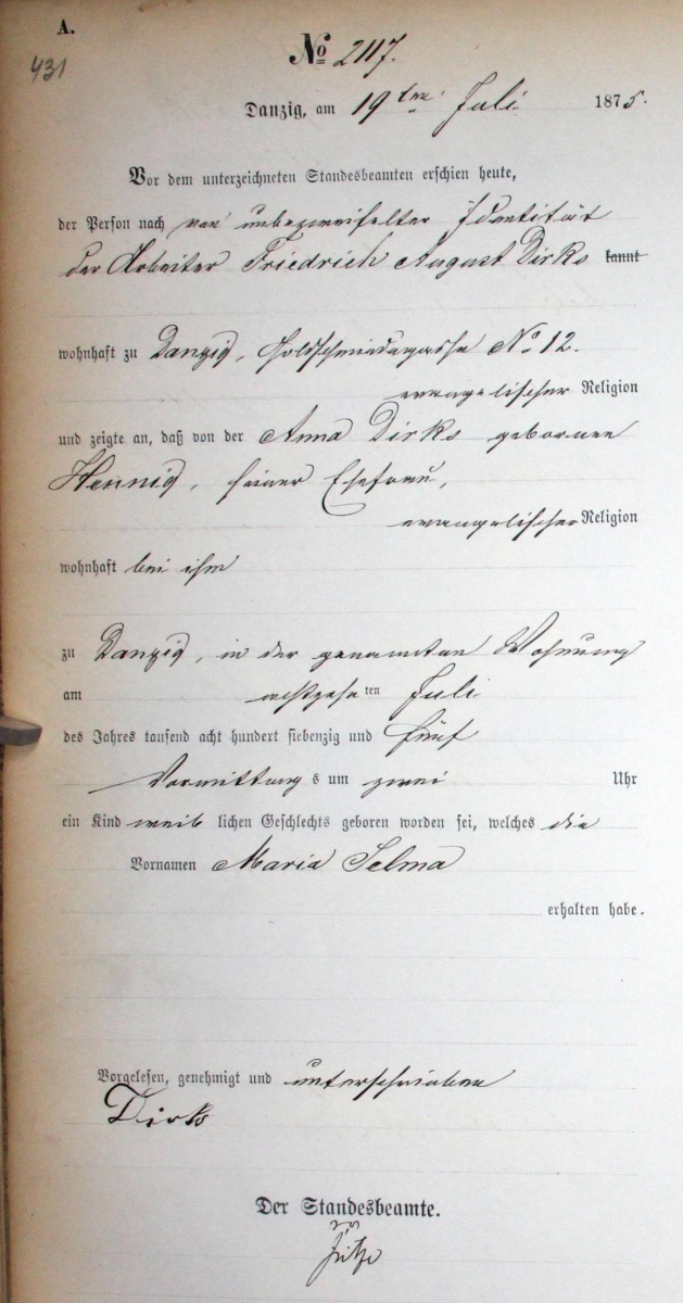 Name:  1875-07-18_Geburtseintrag Dirks, Maria Selma (Mutter Hennig).jpg
Hits: 597
Gre:  231.7 KB