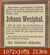 Klicke auf die Grafik fr eine grere Ansicht 

Name:	1922-02-08_Todesanzeige Johann Westphal - Schönsee.jpg 
Hits:	153 
Gre:	213.5 KB 
ID:	20695